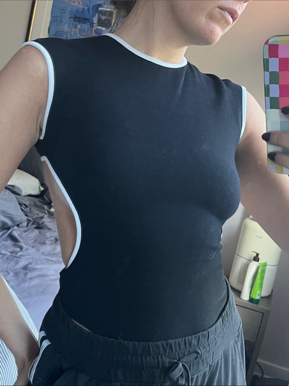 Black Sleeveless Cutout Bodysuit with White Trim - Women
